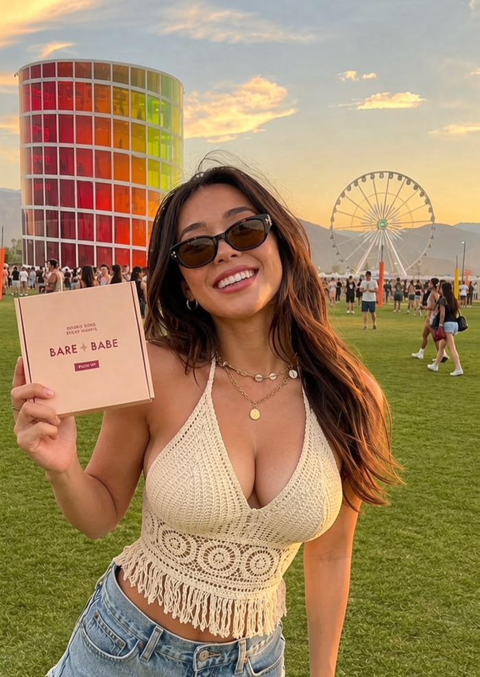 Woman in sunglasses and a cream crochet halter top at a music festival, holding a box of Extra-Boost Sticky Push Up Inserts, a customer review photo