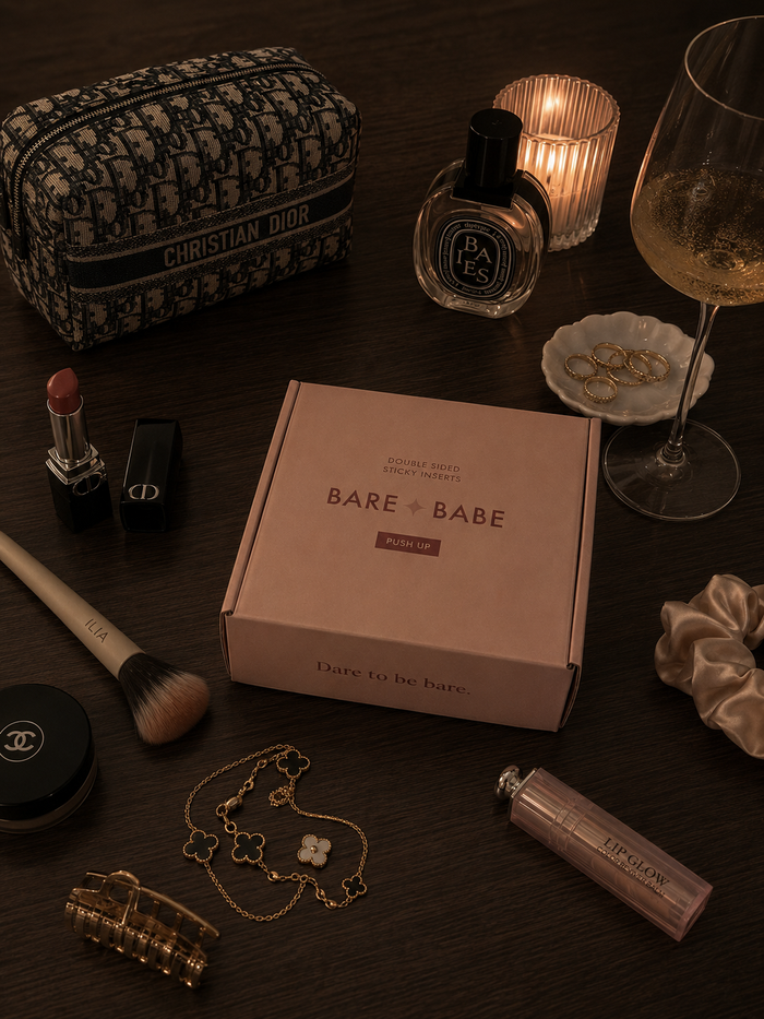Extra-Boost Sticky Push Up Inserts box on a black tabletop among night-out essentials: makeup, perfume, jewelry, hair clips and a glass of wine
