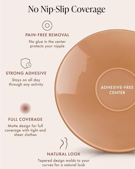 Sensitive Adhesive Nipple Covers infographic, No Nip-Slip Coverage: the inside of a round silicone cover with its adhesive-free center labeled. Features: gentle removal, with no glue in the center to protect your nipple; strong adhesive; matte full coverage under tight and sheer clothes; a tapered design that molds to your curves.