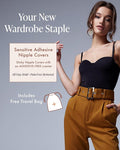 Sensitive Adhesive Nipple Covers, Your New Wardrobe Staple: woman in a black strappy sweetheart top and mustard belted high-waist trousers beside a card for sticky nipple covers with an adhesive-free center. Includes a free travel bag.