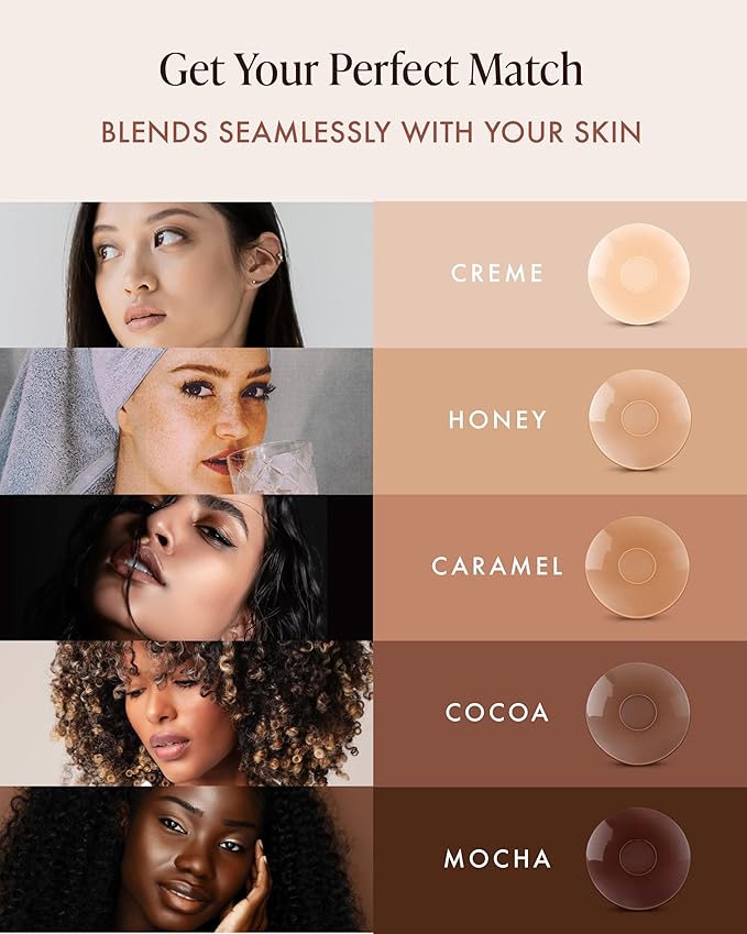 Sensitive Adhesive Nipple Covers shade guide, Get Your Perfect Match: round sensitive adhesive silicone nipple covers in five shades, Creme, Honey, Caramel, Cocoa and Mocha, each shown beside a woman with the skin tone it's made to blend with.