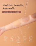 Sensitive Adhesive Nipple Covers, washable, sustainable and reusable 50+ times: water runs over covers stuck to a forearm, with care steps to wash, air dry, stick back on the storage sheet, store in the travel bag and reuse.