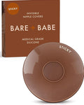 Sensitive Adhesive Nipple Covers in Cocoa: a round sticky silicone cover marked Sticky, with its adhesive-free center ring visible, in front of the Cocoa Bare Babe box in medical-grade silicone.