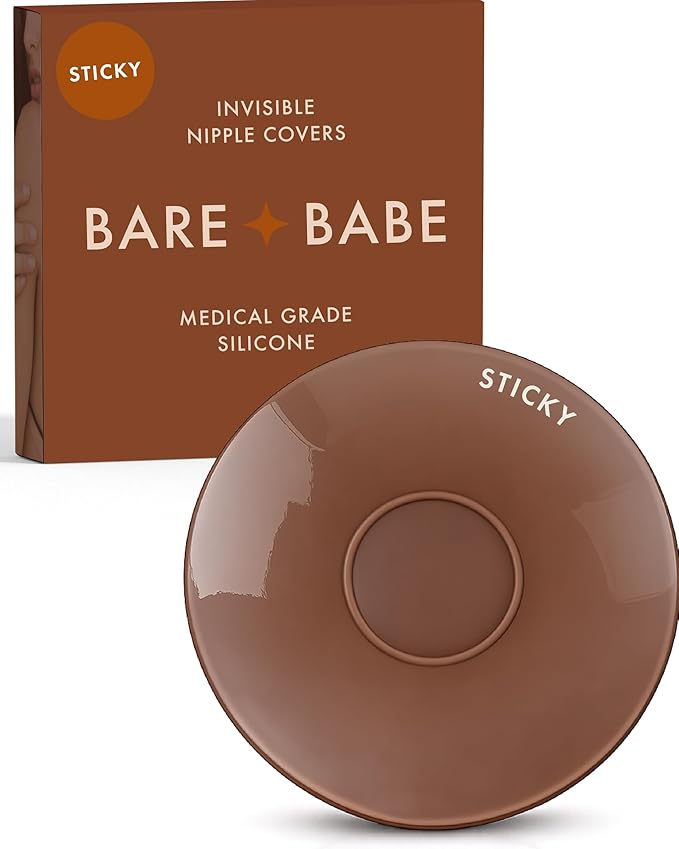 Sensitive Adhesive Nipple Covers in Cocoa: a round sticky silicone cover marked Sticky, with its adhesive-free center ring visible, in front of the Cocoa Bare Babe box in medical-grade silicone.