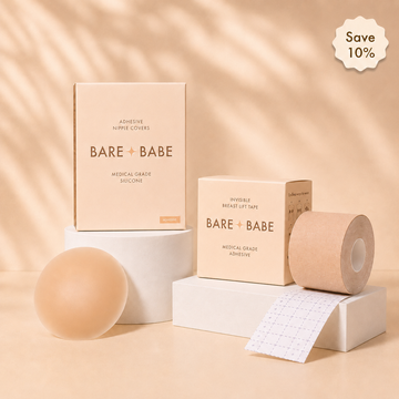 Adhesive & Boob Tape Set, Save 10%: Bare Babe Adhesive Nipple Covers box and silicone cover beside the Boob Tape Kit box and a roll of breast lift tape