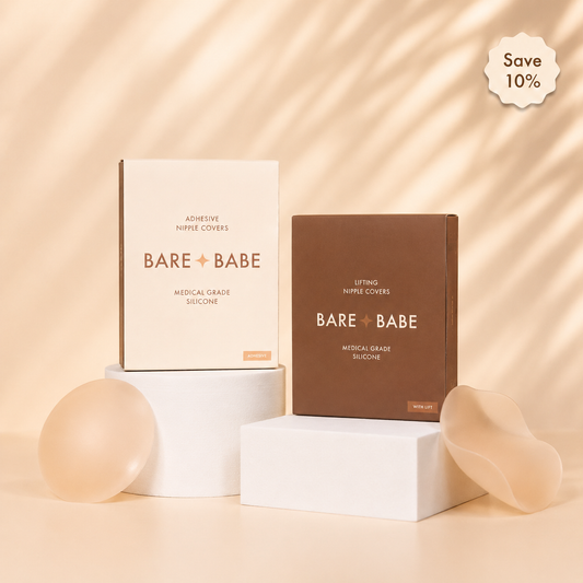 Adhesive & Lifting Set, Save 10%: Bare Babe Adhesive Nipple Covers and Lifting Nipple Covers boxes with a round silicone nipple cover and a lifting cover