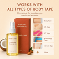 Boob Tape Remover Oil works with all types of body tape: body tape, boob lift tape, KT tape, kinesiology tape, athletic tape and more. One tape adhesive remover for everyday wear, events and workouts.
