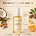 Boob Tape Remover Oil ingredients: a nourishing oil blend made to break down adhesive while caring for skin. Coconut oil helps dissolve adhesive gently, sweet almond oil softens, jojoba oil hydrates, vitamin E conditions, orange peel oil gives a light, clean scent. Alcohol-free, vegan, cruelty-free.