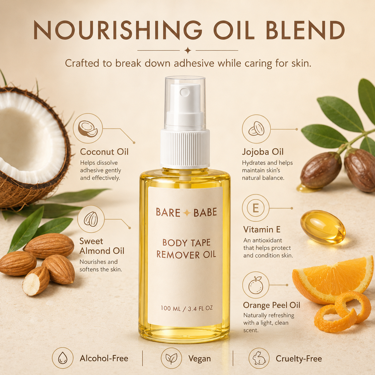 Boob Tape Remover Oil ingredients: a nourishing oil blend made to break down adhesive while caring for skin. Coconut oil helps dissolve adhesive gently, sweet almond oil softens, jojoba oil hydrates, vitamin E conditions, orange peel oil gives a light, clean scent. Alcohol-free, vegan, cruelty-free.