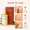 How to use Boob Tape Remover Oil on intact skin: 1. spray the oil onto the tape and its edges, 2. let it absorb, 3. gently peel the boob tape or body tape away and wipe off any adhesive residue.