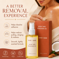 Boob Tape Remover Oil benefits for a better removal experience: helps dissolve adhesive, helps reduce pulling, stinging and redness, smooth lightly scented formula; alcohol-free, vegan, cruelty-free. A woman peels body tape from her shoulder, on intact skin.