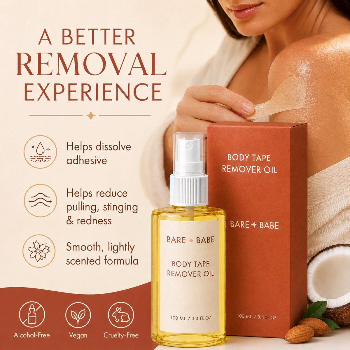 Boob Tape Remover Oil benefits for a better removal experience: helps dissolve adhesive, helps reduce pulling, stinging and redness, smooth lightly scented formula; alcohol-free, vegan, cruelty-free. A woman peels body tape from her shoulder, on intact skin.