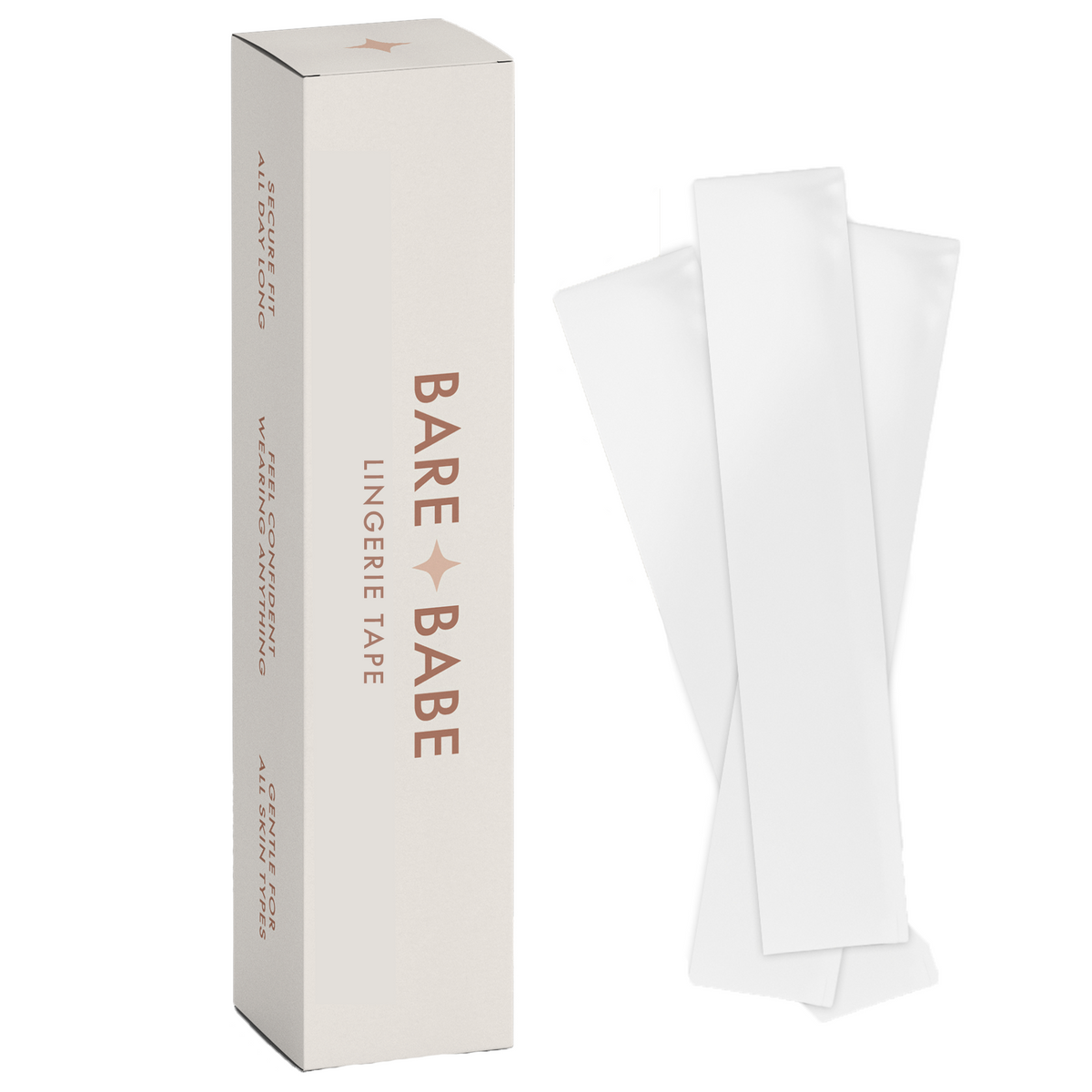 Invisible Lingerie Tape box standing upright beside clear pre-cut strips of double-sided tape for clothes and body, 50 strips per pack.