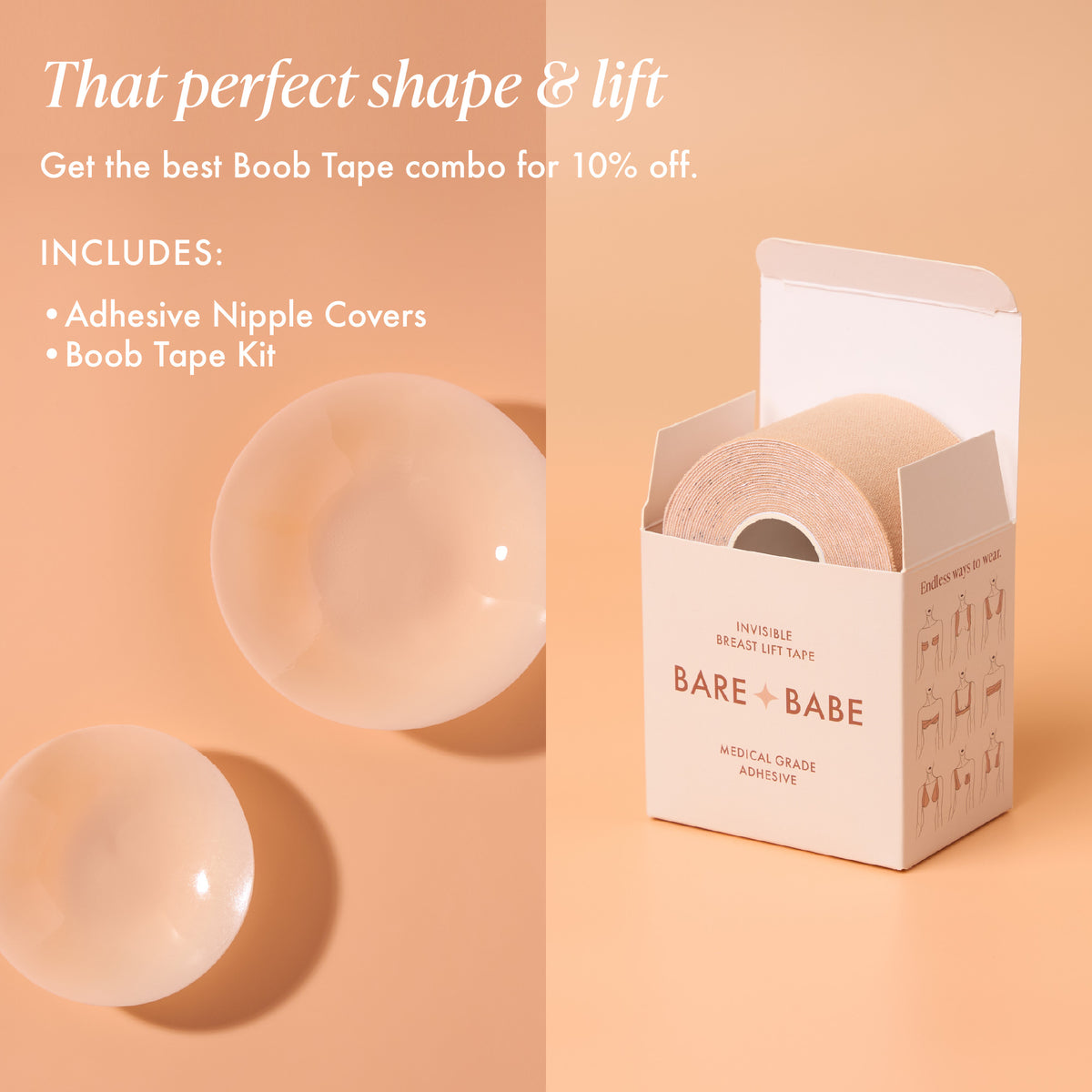 Adhesive & Boob Tape Set contents at 10% off: Adhesive Nipple Covers and Boob Tape Kit, shown as two reusable silicone nipple covers and an open box of breast lift tape