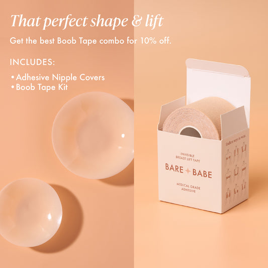 Adhesive & Boob Tape Set contents at 10% off: Adhesive Nipple Covers and Boob Tape Kit, shown as two reusable silicone nipple covers and an open box of breast lift tape