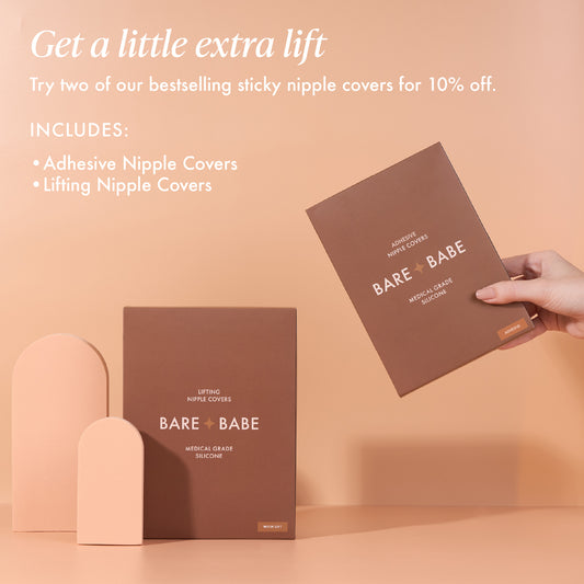 Adhesive & Lifting Set contents, two bestselling sticky nipple covers at 10% off: Adhesive Nipple Covers and Lifting Nipple Covers for gentle lift, shown with their Bare Babe boxes