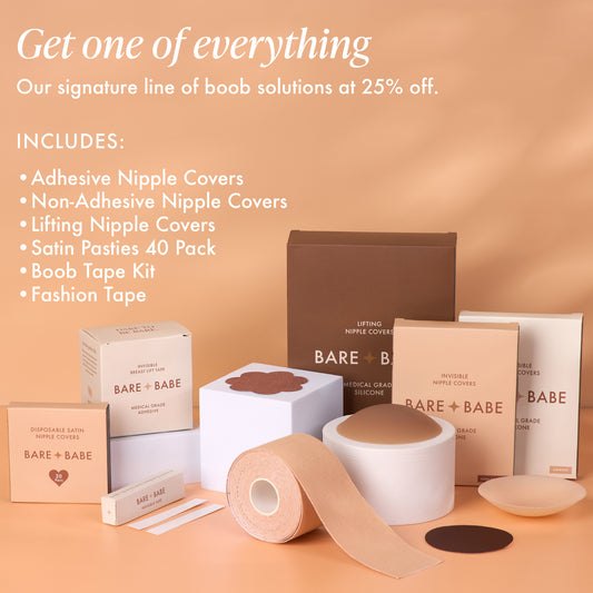 Everything Bundle contents, one of each at 25% off: Adhesive Nipple Covers, Non-Adhesive Nipple Covers, Lifting Nipple Covers, Satin Nipple Pasties 40 pack, Boob Tape Kit and Invisible Lingerie Tape, shown with their boxes, silicone covers and a roll of boob tape
