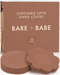 Satin Nipple Pasties in Cocoa: box of 20 pairs of disposable brown satin nipple covers with stacks of round and flower-shaped pasties, 6.5 cm, hypoallergenic adhesive, latex-free and vegan.