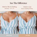 Invisible Lingerie Tape before and after: a blue and white striped wrap top gapes at the neckline, then lies flat with two strips of double-sided tape placed inside. Safe for skin and clothing, 50 strips, made to hold all day.