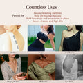 Invisible Lingerie Tape uses: secure revealing necklines, hold off-shoulder blouses, keep bra straps and accessories in place, secure dresses and high slits. Strip placement shown on backless, strapless, one-shoulder, plunging neckline, off-shoulder and open-back outfits.