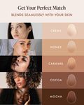 Easy Lifting Nipple Covers (One Tab) shade guide, Get Your Perfect Match: single-tab silicone lift nipple covers in five shades, Creme, Honey, Caramel, Cocoa and Mocha, each beside a woman with a matching skin tone