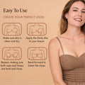 How to apply the Silicone Sticky Bra in 4 steps: 1. make sure skin is clean and dry; 2. apply one cup to your breast; 3. repeat so both cups and clasps are level and close; 4. bend forward to fasten the clasp. Woman in a strapless smocked top