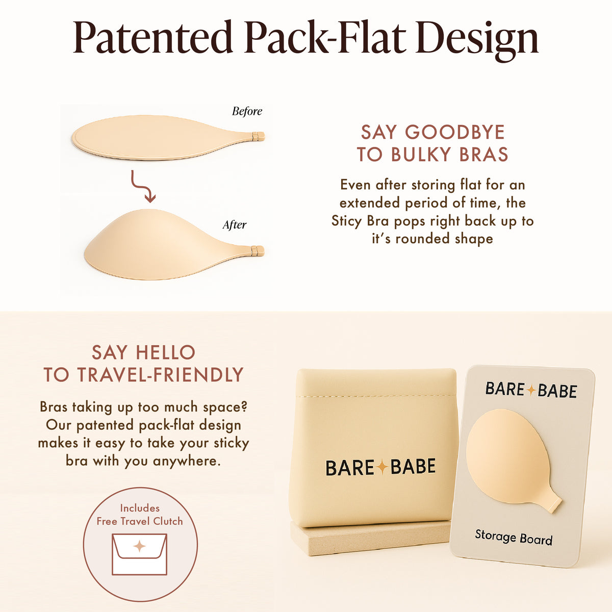 Silicone Sticky Bra pack-flat design: before and after photos show a cup stored flat popping back to its rounded shape. Travel-friendly stick-on bra that packs flat, with a storage board and free Bare Babe travel clutch