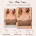 Silicone Sticky Bra before and after under a smocked strapless top, showing natural cleavage with the adhesive bra on. Seamless, strapless and gathering
