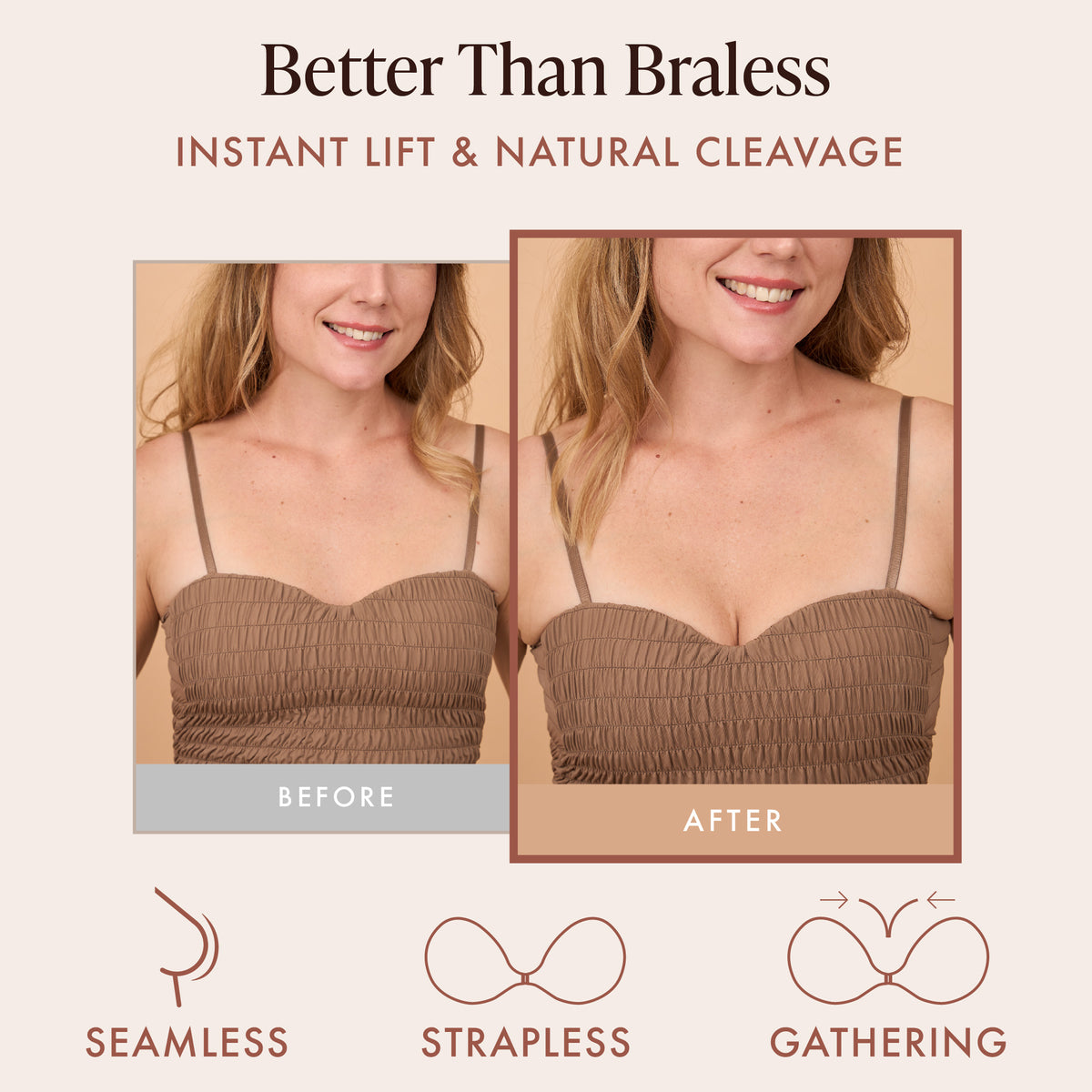 Silicone Sticky Bra before and after under a smocked strapless top, showing natural cleavage with the adhesive bra on. Seamless, strapless and gathering