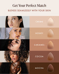 Triangle Adhesive Nipple Covers shade guide, Get Your Perfect Match: triangle silicone nipple covers in five shades, Creme, Honey, Caramel, Cocoa and Mocha, each beside a woman with a matching skin tone