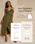 Triangle Non-Adhesive Nipple Covers guide, Your Wardrobe's Secret Weapon: Non-Adhesive triangle covers are grippy not sticky, Small 4 in and Large 5 in, best for tight tops; Adhesive are lightweight and sticky, best for loose tops; free travel bag included. Woman in an olive green wrap dress