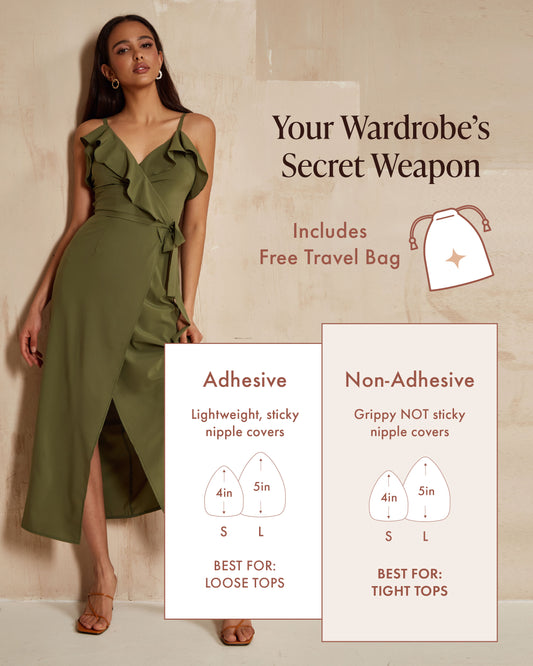 Triangle Non-Adhesive Nipple Covers guide, Your Wardrobe's Secret Weapon: Non-Adhesive triangle covers are grippy not sticky, Small 4 in and Large 5 in, best for tight tops; Adhesive are lightweight and sticky, best for loose tops; free travel bag included. Woman in an olive green wrap dress