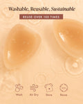 Triangle Non-Adhesive Nipple Covers are washable, reusable and sustainable: reuse over 100 times. Wet triangle silicone nipple covers on rippling water, with care steps wash, air dry, store in the travel bag and reuse