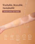 Adhesive Nipple Covers, washable, sustainable and reusable 50+ times: water runs over covers stuck to a forearm, with care steps to wash, air dry, stick back on the storage sheet, store in the travel bag and reuse.