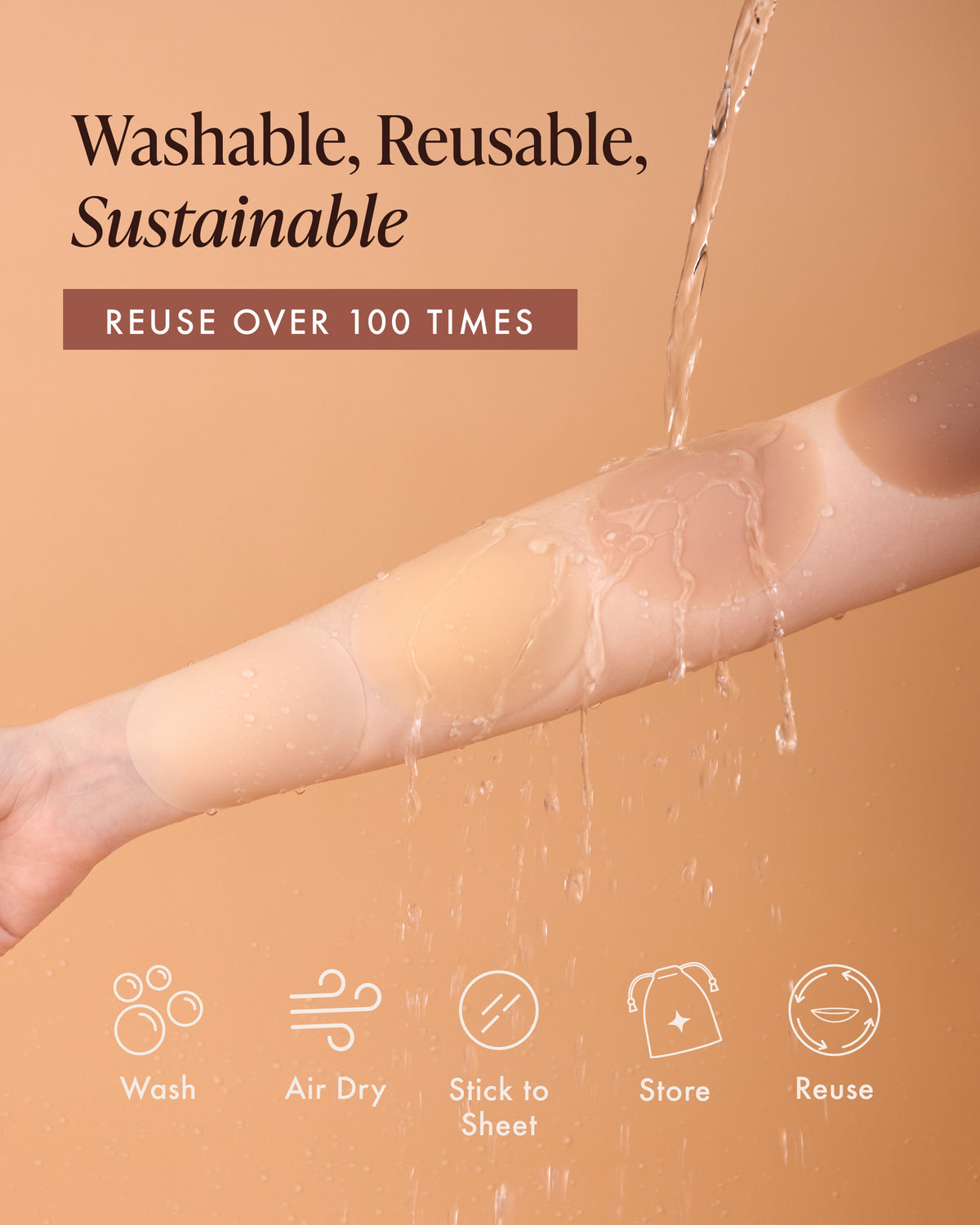 Adhesive Nipple Covers, washable, sustainable and reusable 50+ times: water runs over covers stuck to a forearm, with care steps to wash, air dry, stick back on the storage sheet, store in the travel bag and reuse.