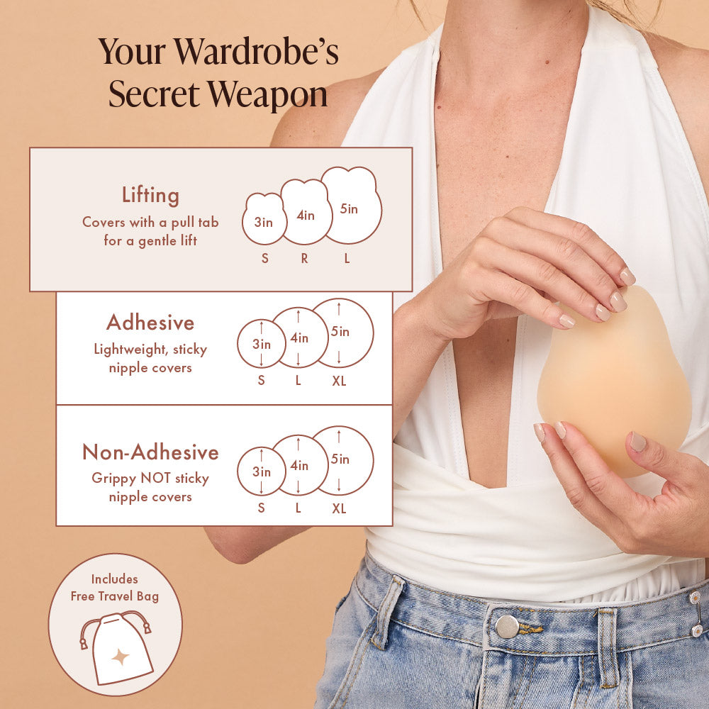 Lifting Nipple Covers (Two-Tabs) on a size guide titled Your Wardrobe's Secret Weapon: Lifting covers with pull tabs for gentle lift in Small, Regular and Large; Adhesive and Non-Adhesive covers in Small 3 in, Large 4 in and X-Large 5 in; free travel bag included. Woman in a white halter top and jeans holds a cover
