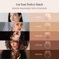 Lifting Nipple Covers (Two-Tabs) shade guide, Get Your Perfect Match: five shades of reusable silicone lift nipple covers, Creme, Honey, Caramel, Cocoa and Mocha, each shown beside a woman with a matching skin tone