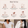 How to use Lifting Nipple Covers (Two-Tabs): 1 prep, make sure skin is clean and dry; 2 place, starting at the bottom, place the cover on your skin; 3 lift, pull up using the tabs as you place it; 4 secure, hold firmly for 5 seconds; 5 remove, slowly peel off; 6 clean with gentle soap and air dry sticky-side up. Women in a white ribbed cardigan and an open linen shirt