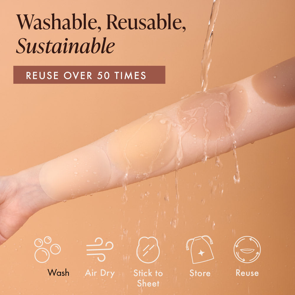 Lifting Nipple Covers (Two-Tabs) are washable, reusable and sustainable: reuse over 50 times. Silicone nipple covers on an arm under running water, with care steps wash, air dry, stick to the sheet, store in the travel bag and reuse
