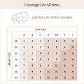 Lifting Nipple Covers (Two-Tabs) size chart by band and cup size. Small: A cup on 28 to 40 bands, B on 28 to 34, C on 28 to 30. Regular: B on 36 to 40, C on 32 to 40, D on 28 to 36, DD on 28 to 34, E on 28 to 30. Large (marked XL on the grid): D on 38 to 40, DD on 36 to 40, E on 32 to 40, F on all bands 28 to 40
