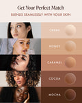 Non-Adhesive Nipple Covers shade guide, Get Your Perfect Match: round non-adhesive silicone nipple covers in five shades, Creme, Honey, Caramel, Cocoa and Mocha, each shown beside a woman with the skin tone it's made to blend with.