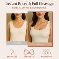 Extra-Boost Sticky Push Up Inserts before and after under a cream ribbed tank top, showing an instant boost and fuller cleavage. Seamless, strapless, boosting push-up bra inserts
