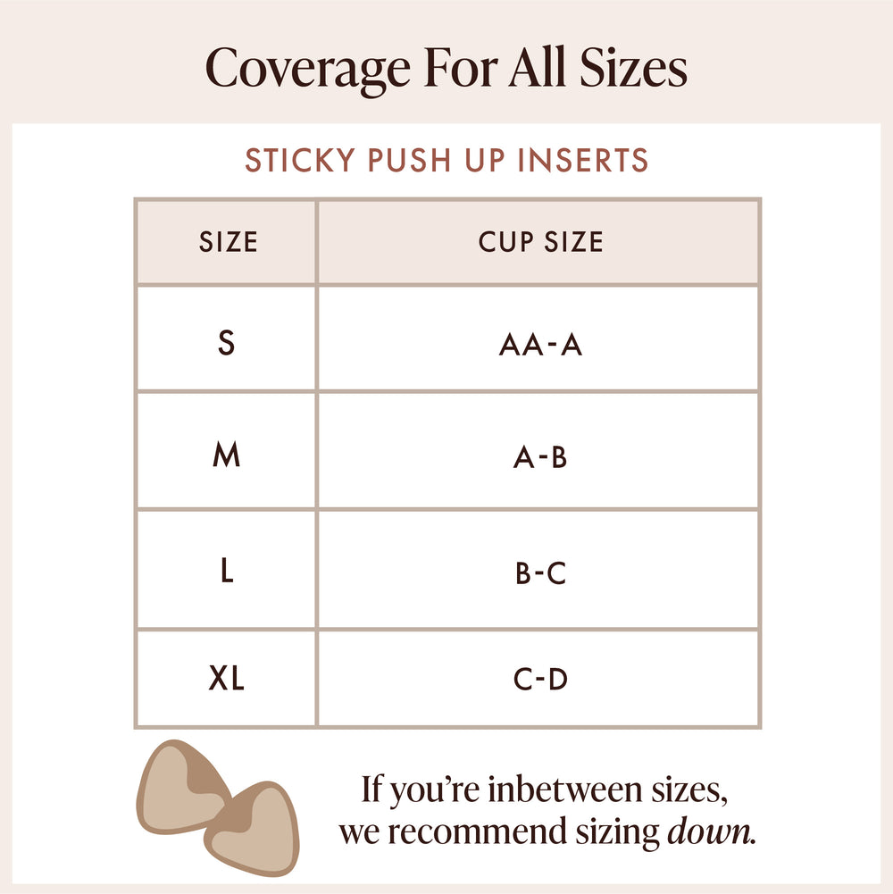 Extra-Boost Sticky Push Up Inserts size chart by cup size: S fits AA–A, M fits A–B, L fits B–C, XL fits C–D. If you're between sizes, size down