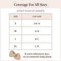 Extra-Boost Sticky Push Up Inserts size chart by cup size: S fits AA–A, M fits A–B, L fits B–C, XL fits C–D. If you're between sizes, size down