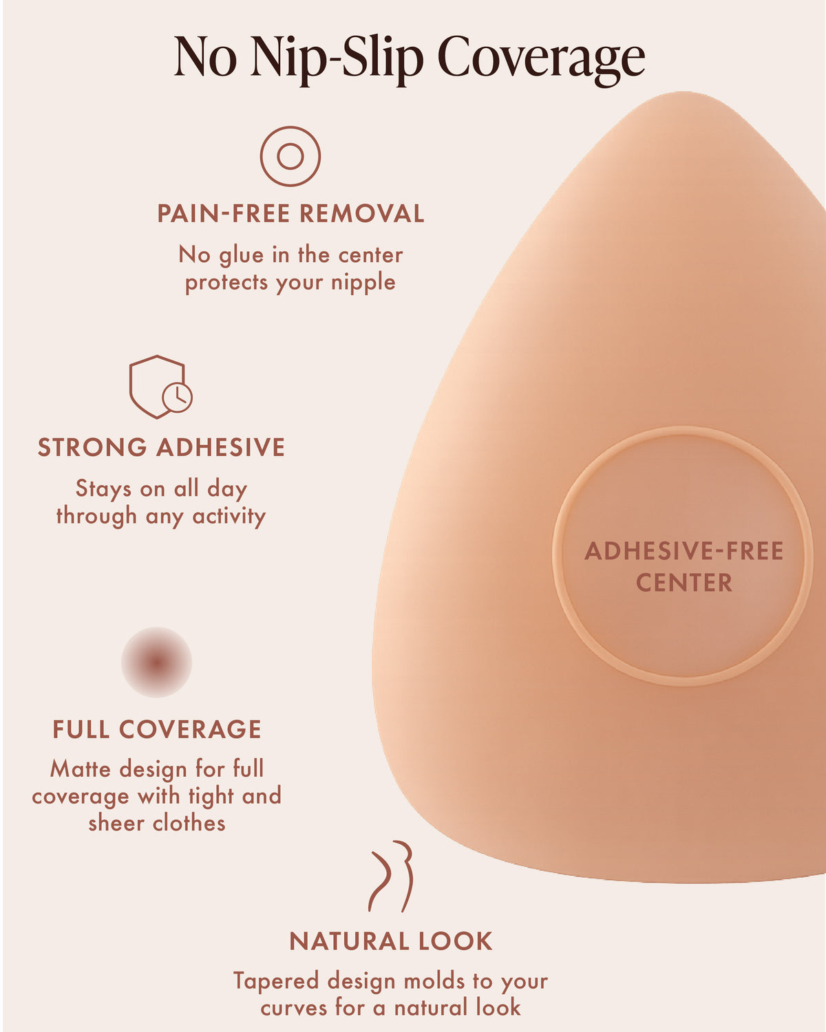 Sensitive Triangle Nipple Covers infographic in Honey, No Nip-Slip Coverage: a triangle silicone cover with its adhesive-free center labeled. Features: gentle removal, with no glue in the center to protect your nipple; strong adhesive; matte full coverage under tight and sheer clothes; a tapered design that molds to your curves.