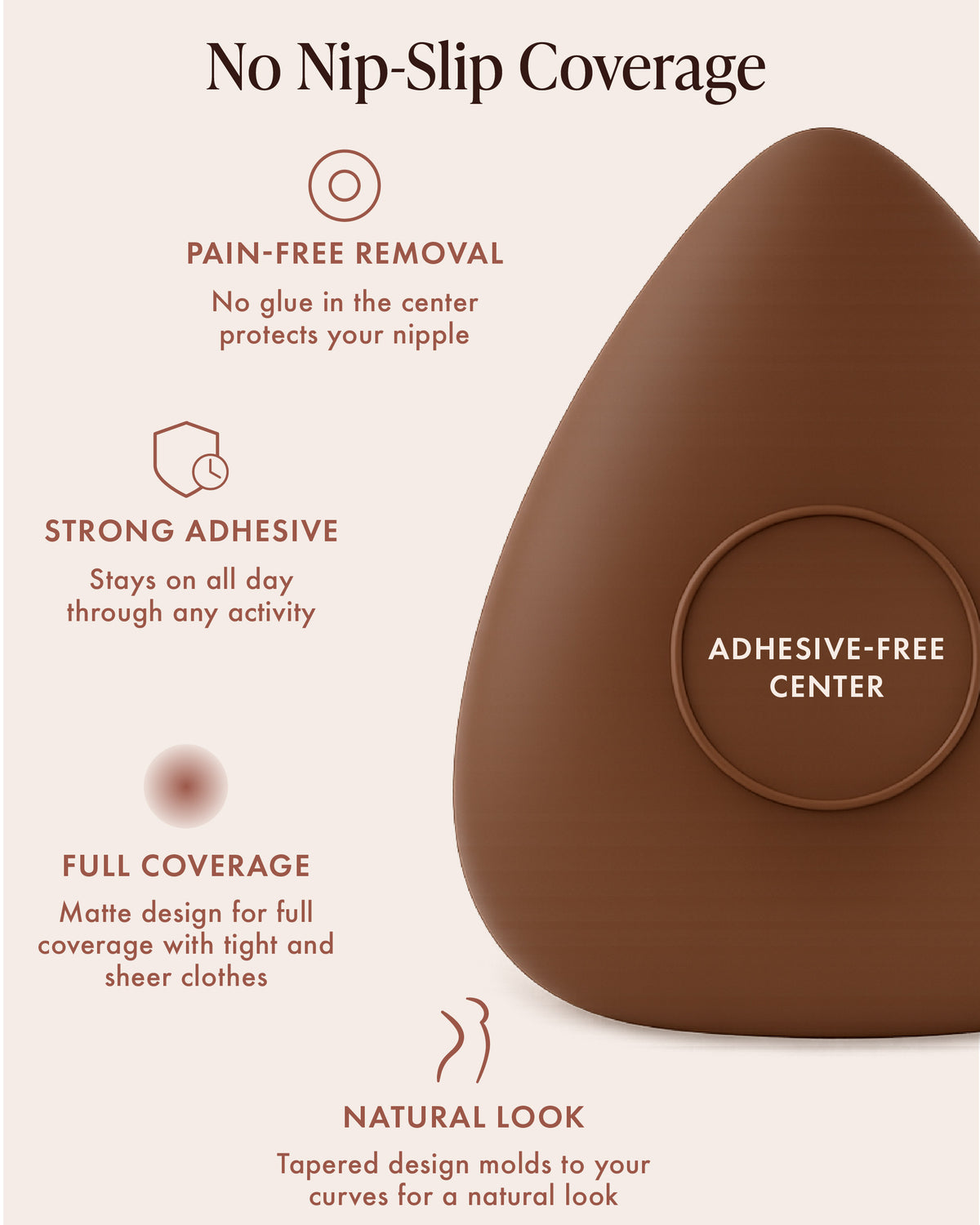 Sensitive Triangle Nipple Covers infographic in Mocha, No Nip-Slip Coverage: a triangle silicone cover with its adhesive-free center labeled. Features: gentle removal, with no glue in the center to protect your nipple; strong adhesive; matte full coverage under tight and sheer clothes; a tapered design that molds to your curves.