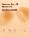 Sensitive Triangle Nipple Covers, washable, sustainable and reusable 50+ times: two wet triangle silicone covers in rippling water, with care steps to wash, air dry, stick back on the storage sheet, store in the travel bag and reuse.