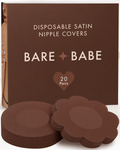 Satin Nipple Pasties in Mocha: box of 20 pairs of disposable deep brown satin nipple covers with stacks of round and flower-shaped pasties, 6.5 cm, hypoallergenic adhesive, latex-free and vegan.