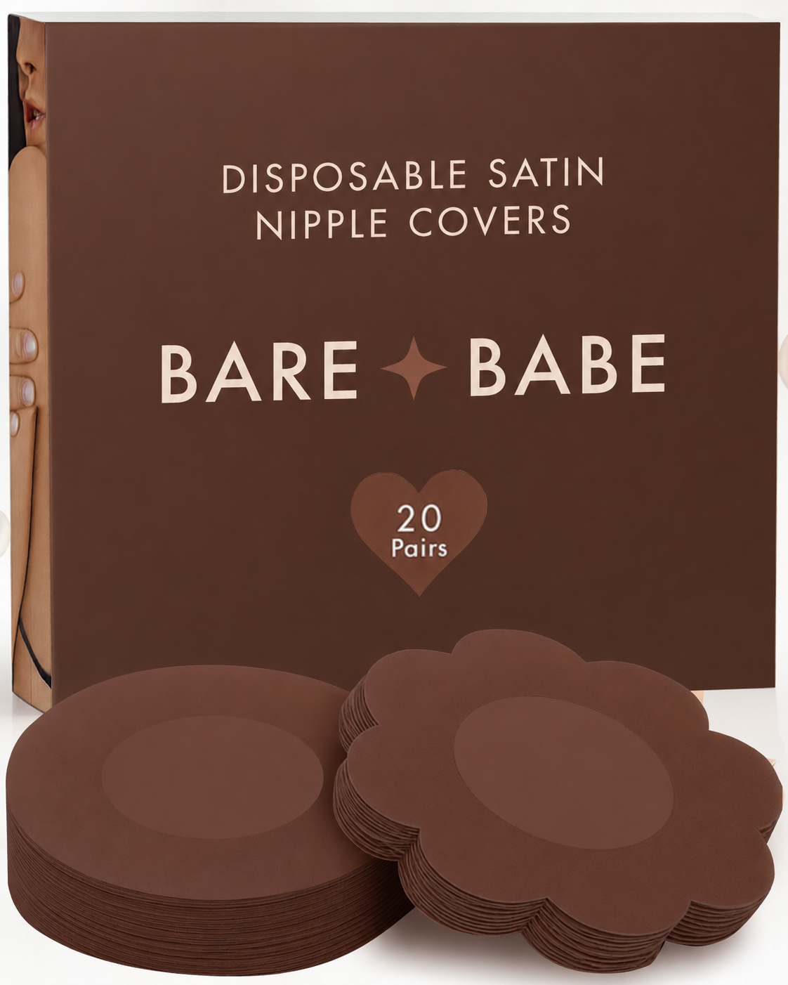 Satin Nipple Pasties in Mocha: box of 20 pairs of disposable deep brown satin nipple covers with stacks of round and flower-shaped pasties, 6.5 cm, hypoallergenic adhesive, latex-free and vegan.