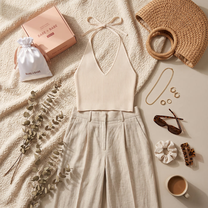 Flat lay of a cream knit halter top and linen trousers with a box of Extra-Boost Sticky Push Up Inserts, its satin pouch, a straw bag, sunglasses and gold jewelry